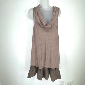 Free People Brown Slub Knit Cowl Neck Pleated Drop Waist Mini Dress Large Earthy